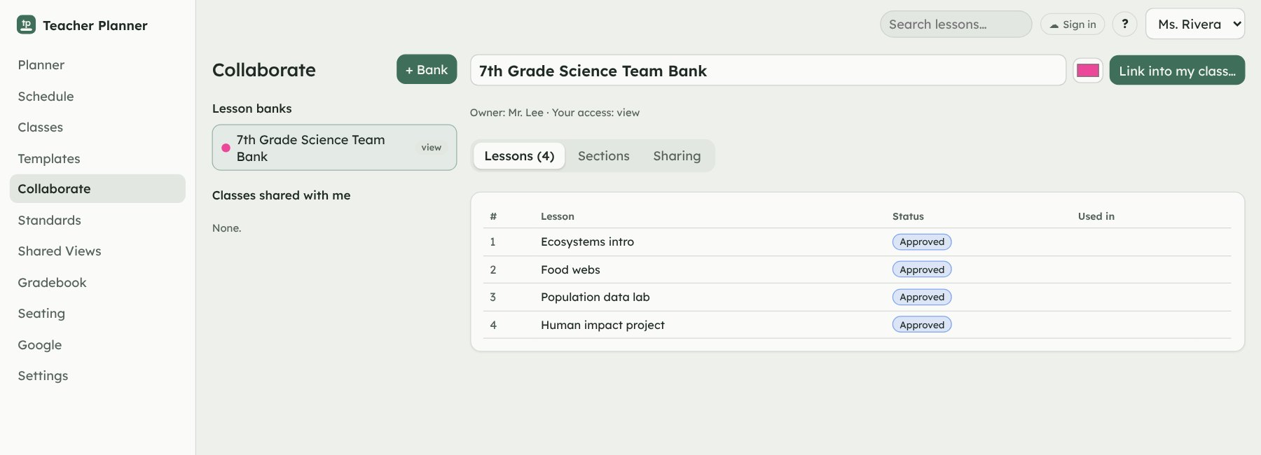 A 7th grade science team lesson bank with four approved lessons and a Link into my class button.