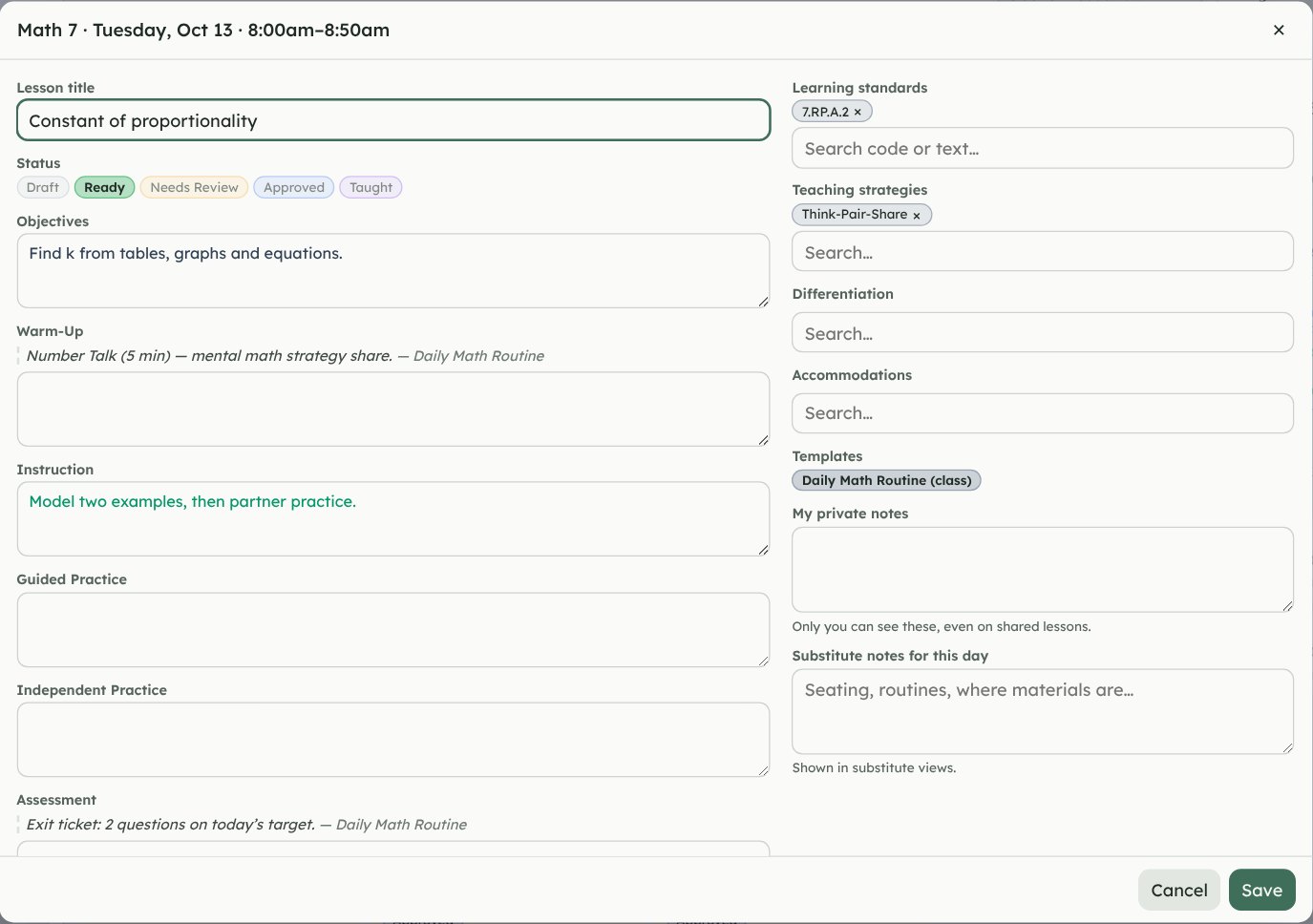 The lesson editor with the lesson title, status tags, objectives, warm-up from a template, standards and teaching strategies.