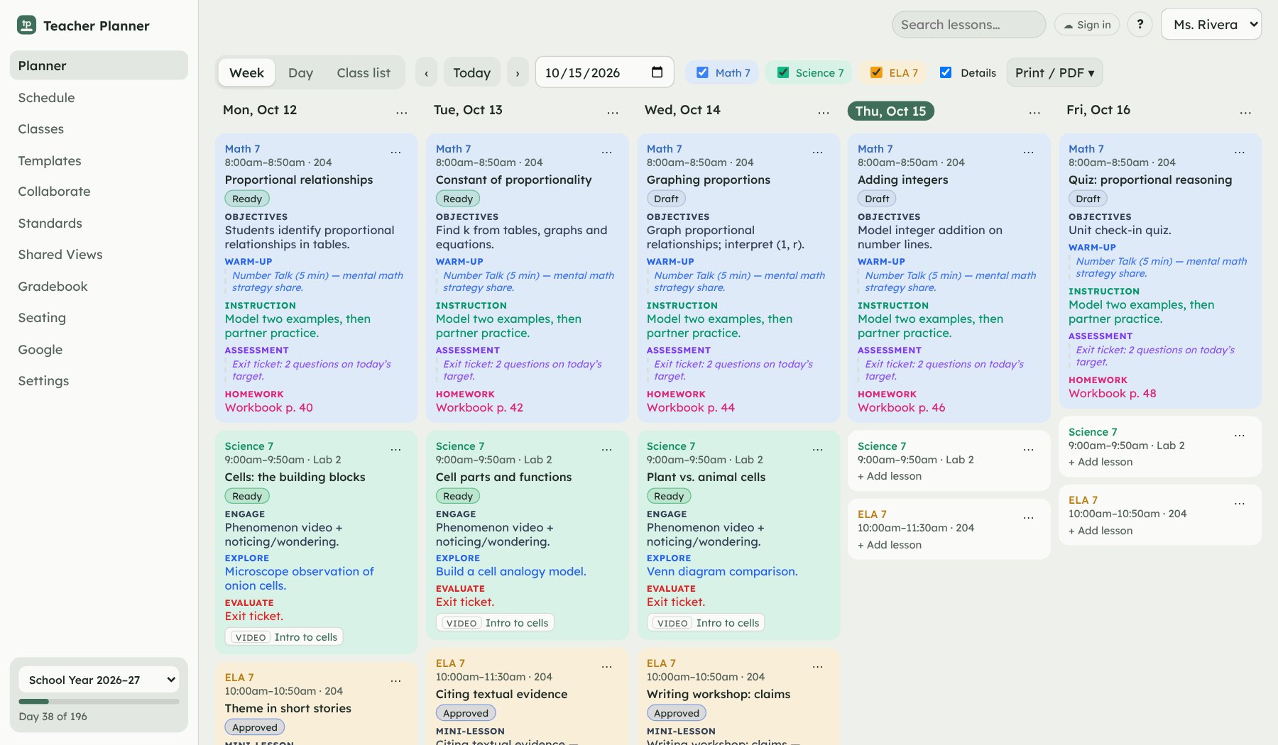 The Teacher Planner week view: pages in a sidebar on the left, and Math, Science and ELA lessons laid out as soft colored cards for each day of the week.
