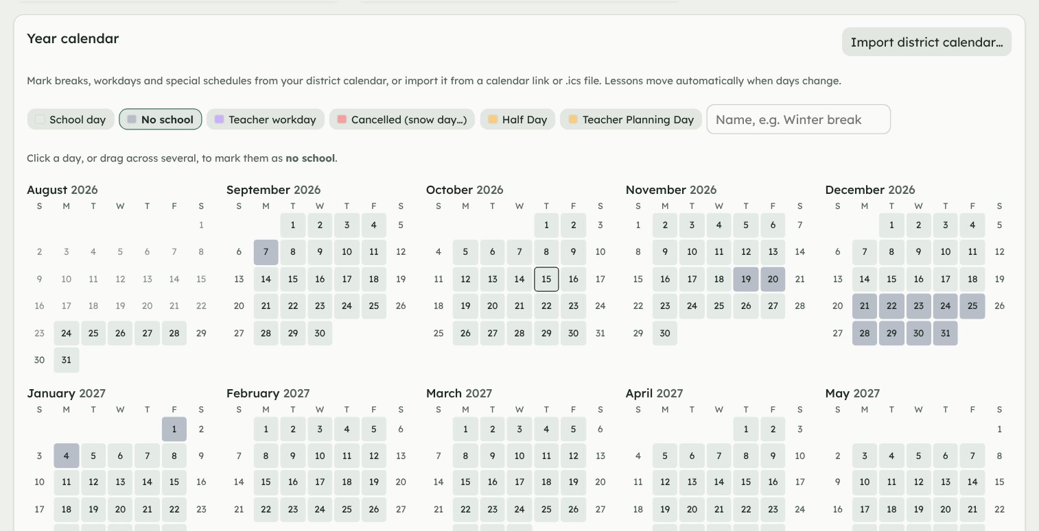 The year calendar with brushes for No school, Teacher workday, Cancelled and Half Day, and months from August to May with breaks shaded.