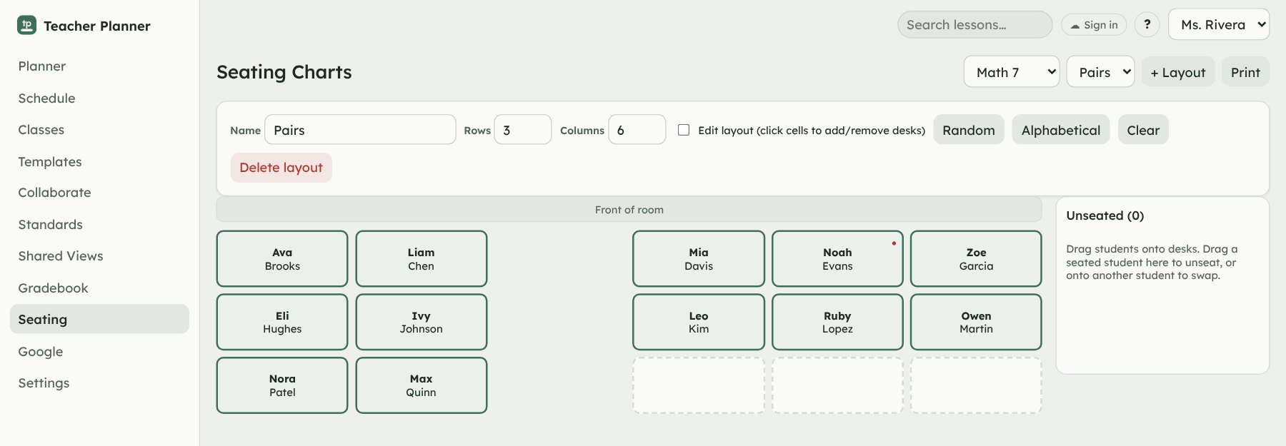 A seating chart with students in pairs of desks, and Random and Alphabetical fill buttons.