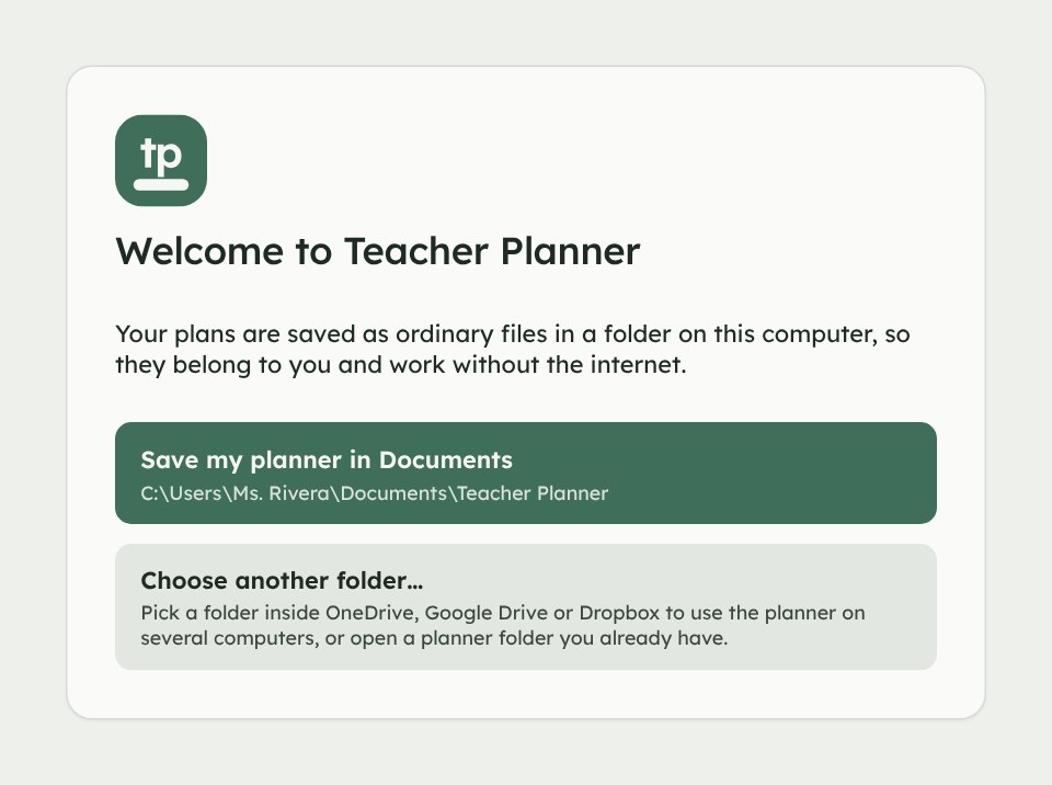 The first-run screen asking where to save your planner: in Documents, or in another folder such as OneDrive, Google Drive or Dropbox.